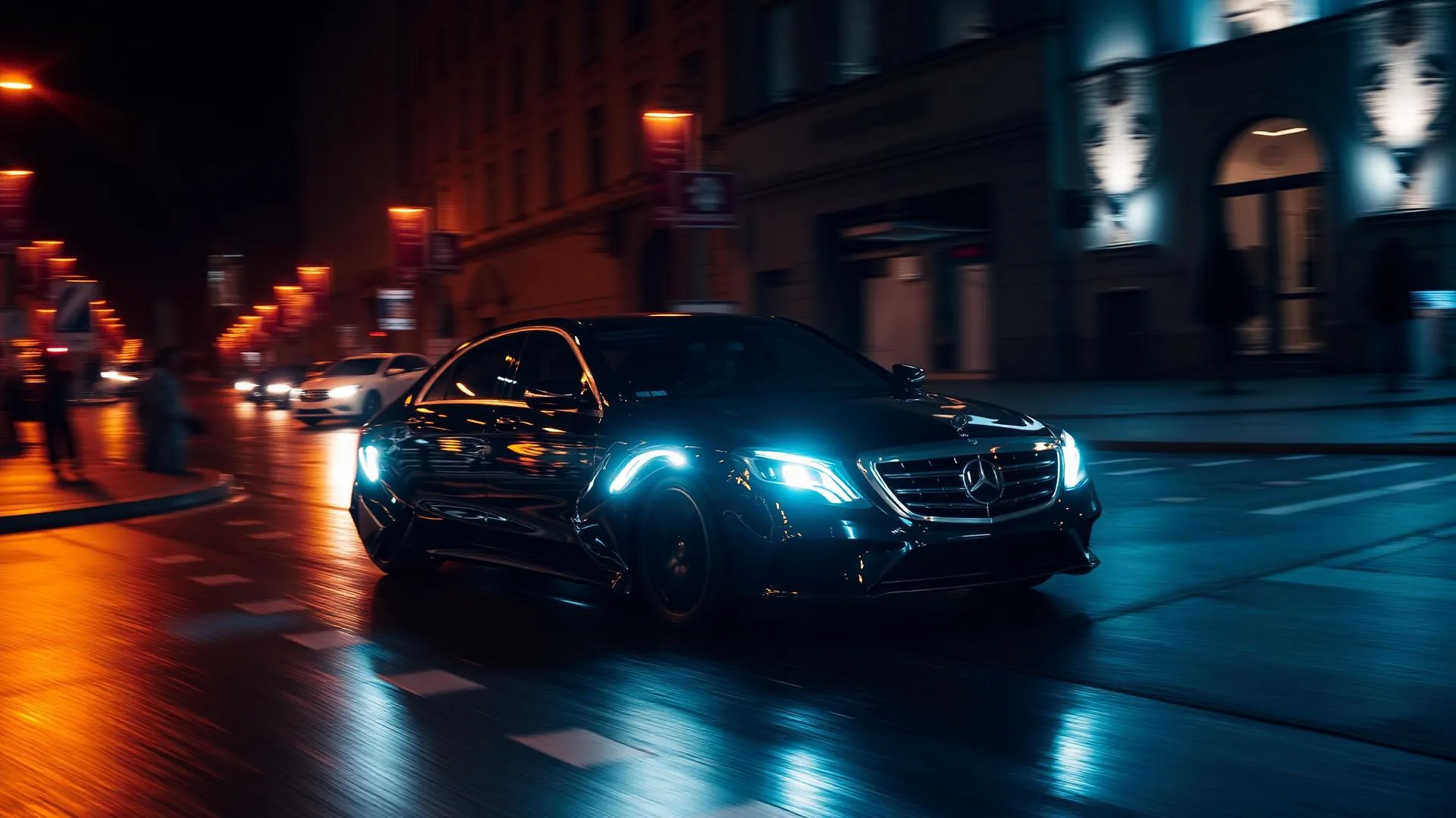 Black Mercedes-Benz business class taxi in Stockholm at night